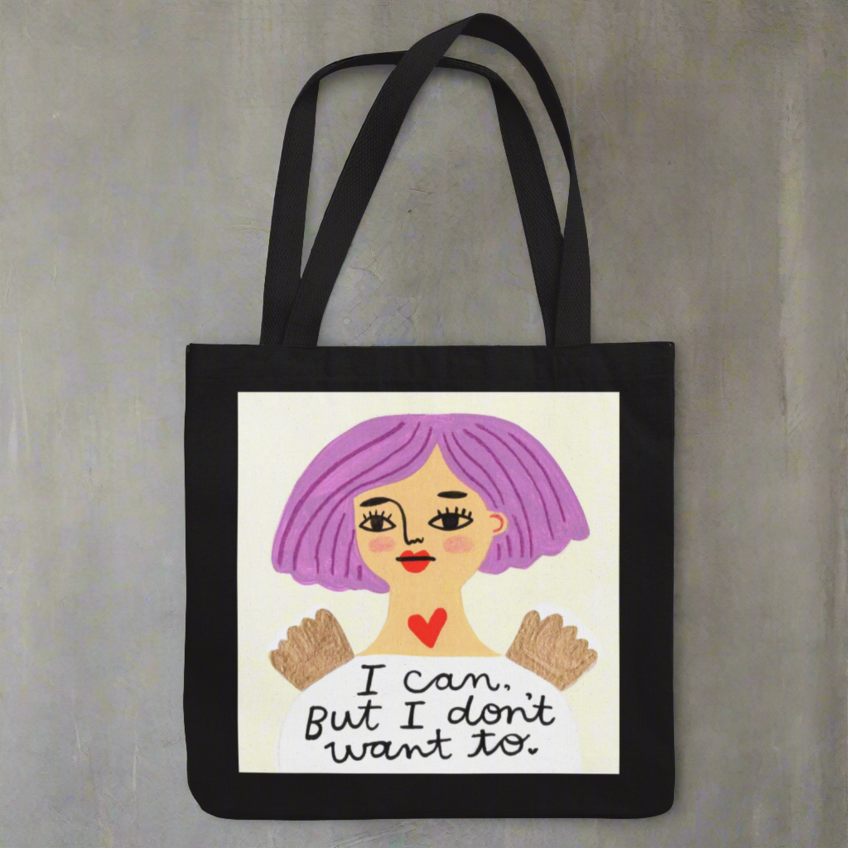 Black tote bag with Grumpy Angel design &quot;I can but I don&#39;t want to&quot;