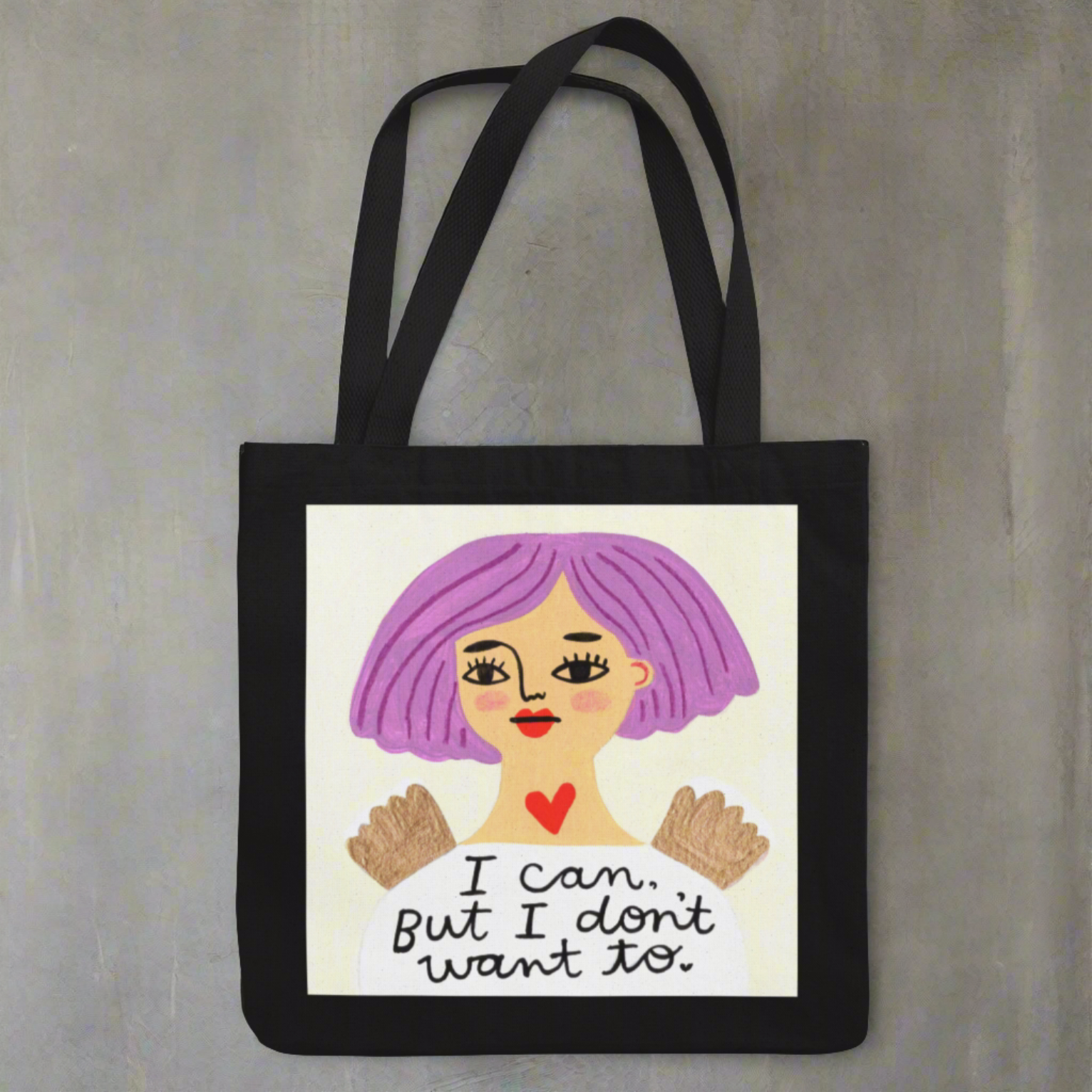 Black tote bag with Grumpy Angel design "I can but I don't want to"