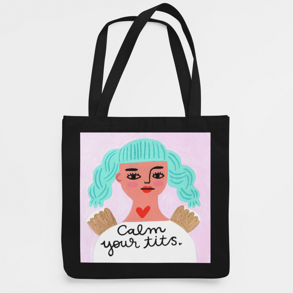 Black Tote Bag with Angel Design and &quot;Calm Your Tits&quot; Phrase