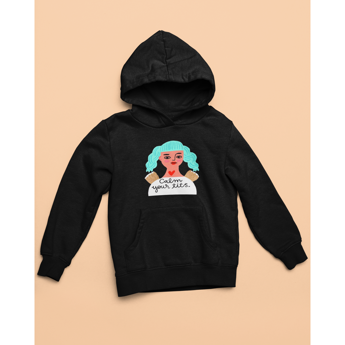 Black Hoodie with Grumpy Angel Design &quot;Calm Your Tits&quot;