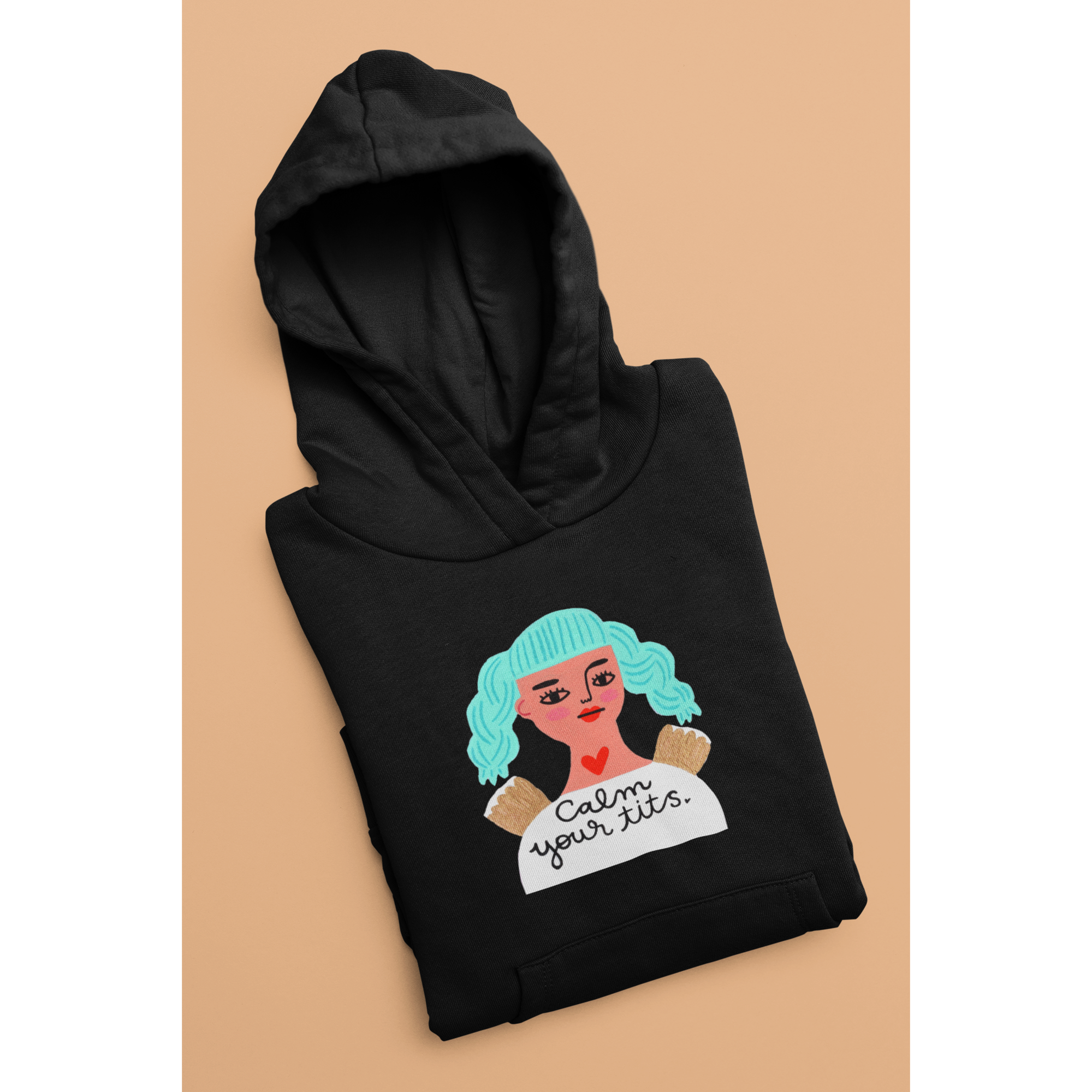 Black Hoodie with Grumpy Angel Design "Calm Your Tits"