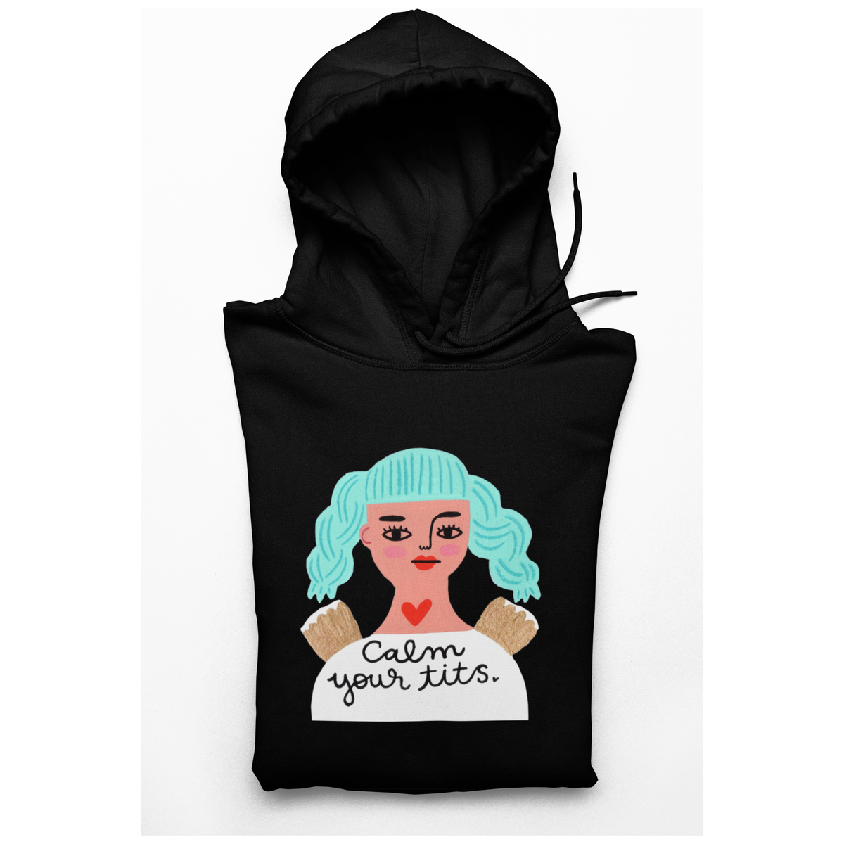 Black Hoodie with Grumpy Angel Design &quot;Calm Your Tits&quot;