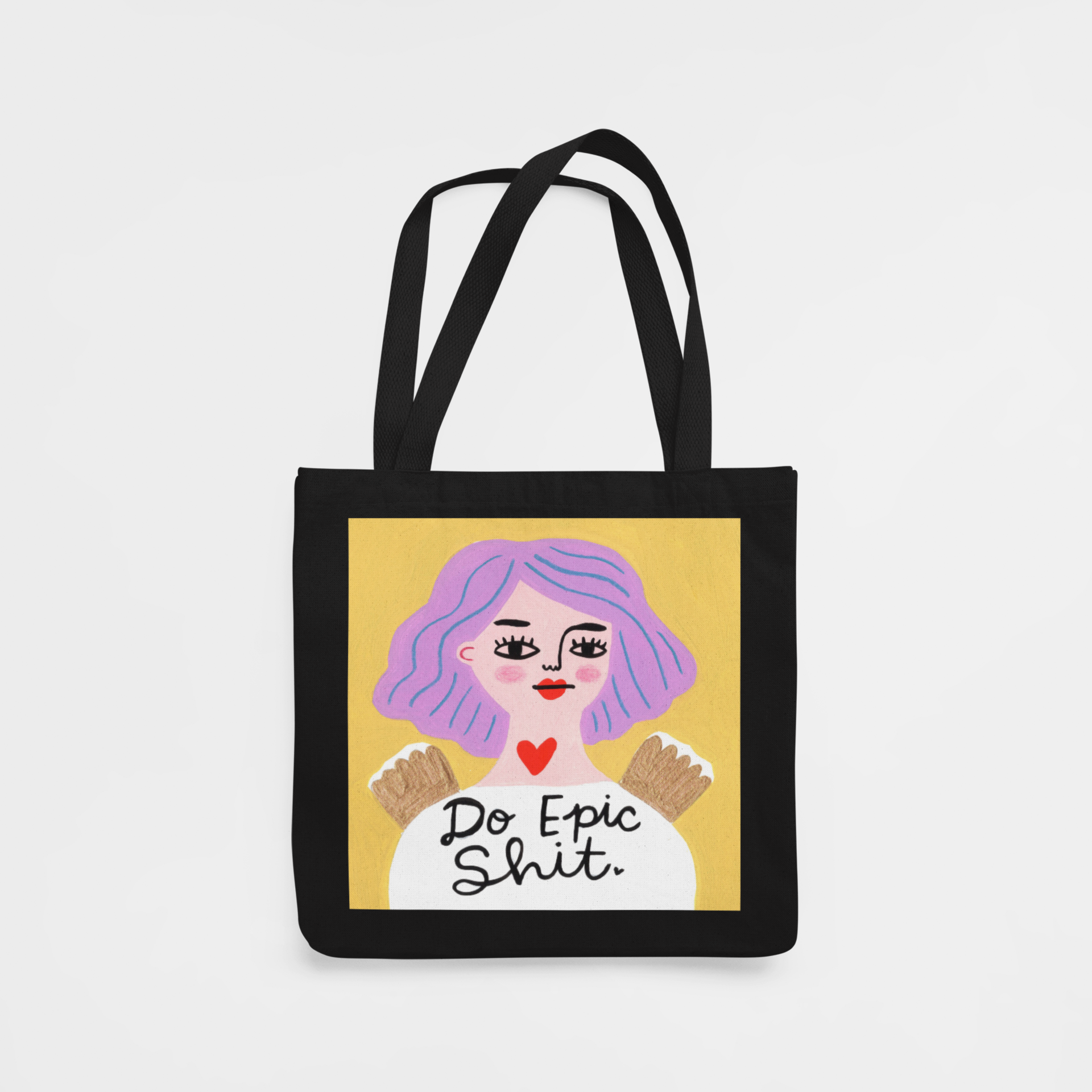 Black Tote Bag with Grumpy Angel artwork "Do Epic Shit"