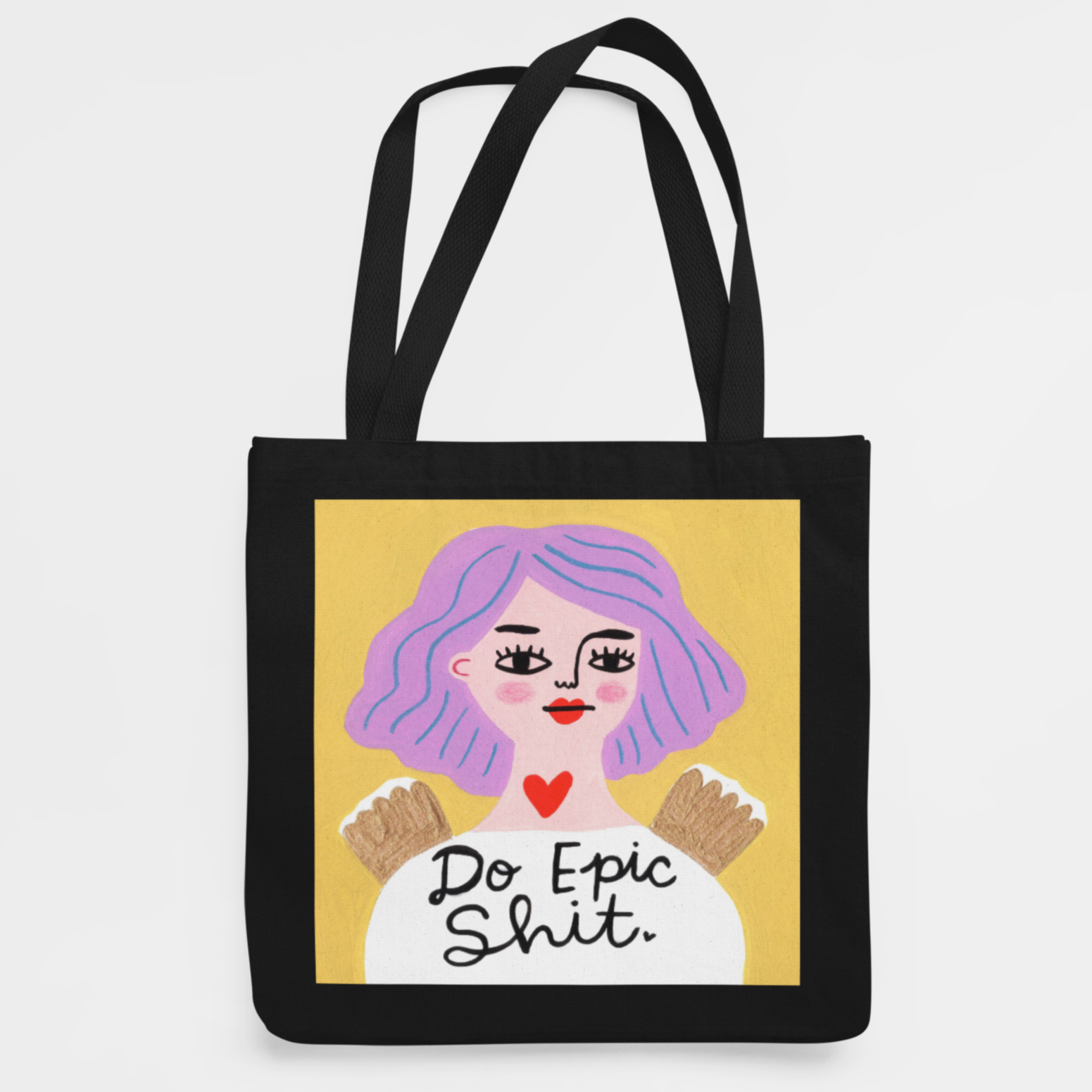 Black Tote Bag with Grumpy Angel artwork "Do Epic Shit"