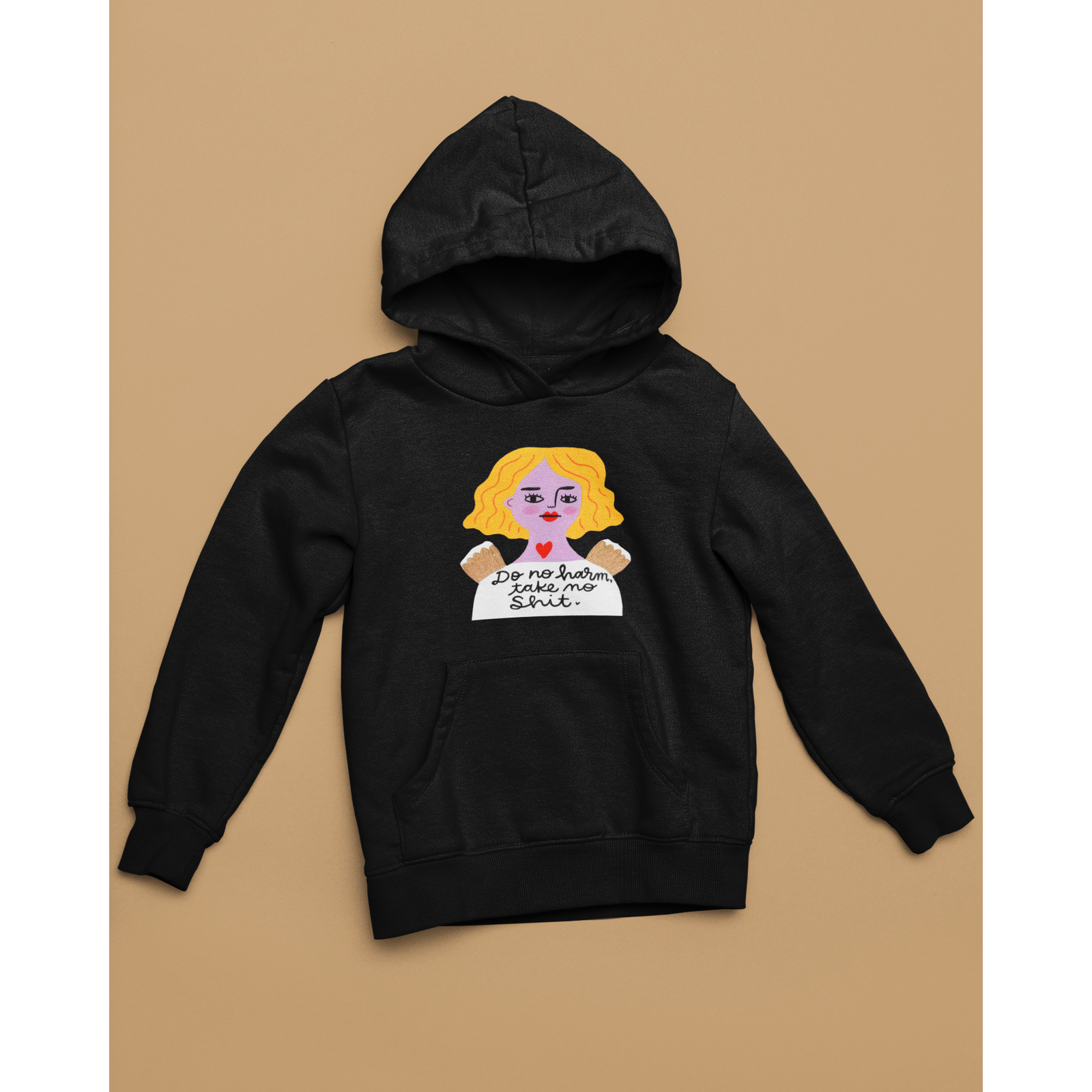 Black Hoodie with Grumpy Angel "Do No Harm, Take no Shit"