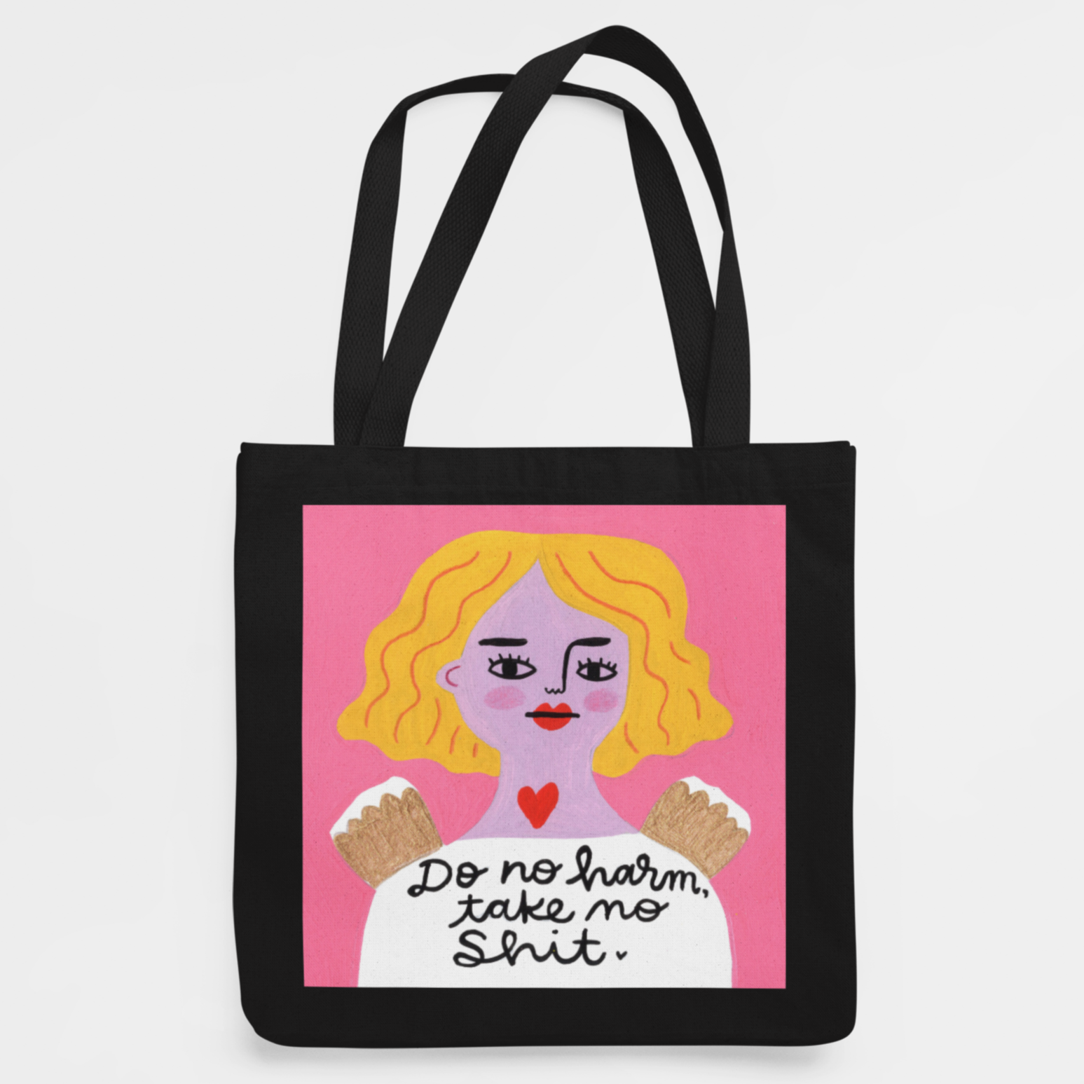 Black tote bag with Grumpy Angel design "Do no harm. take no shit"