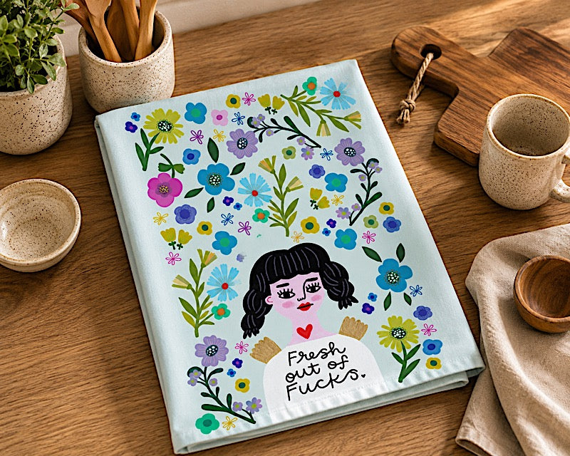 Fresh Out of Fucks Grumpy Angel Tea Towel