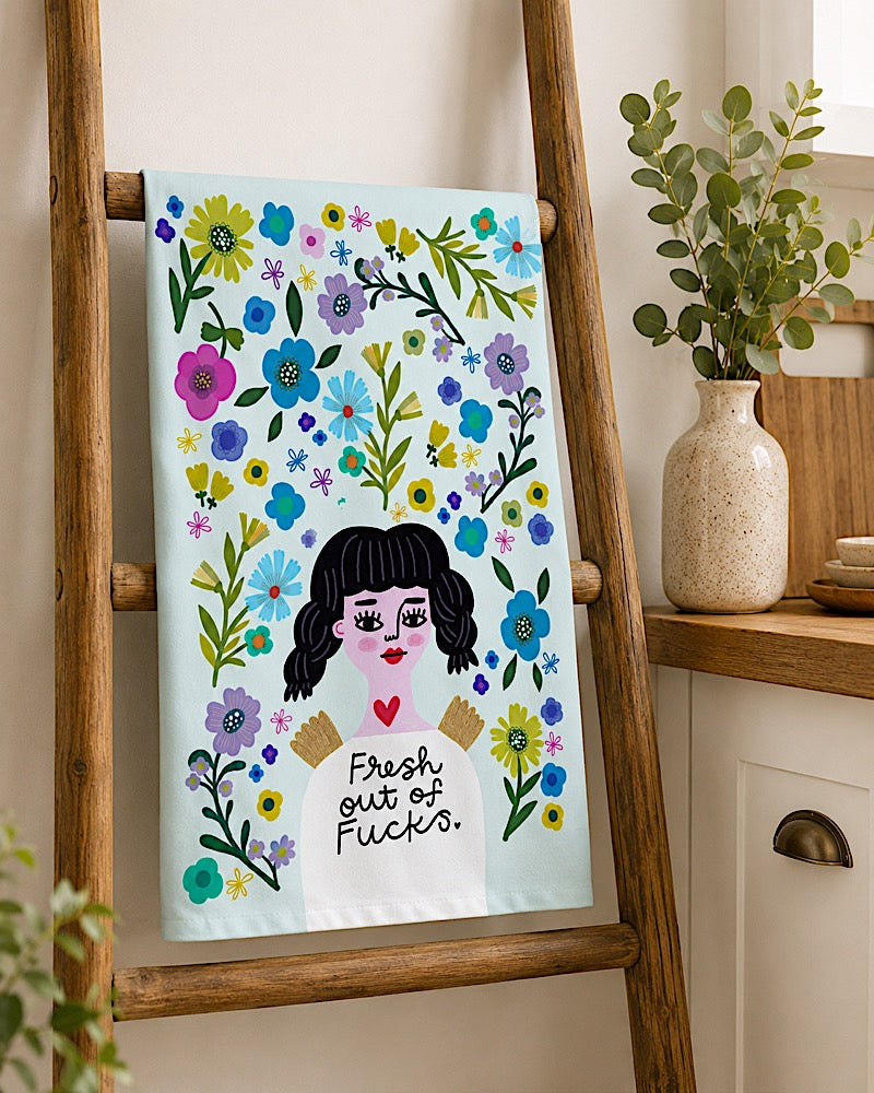Fresh Out of Fucks Grumpy Angel Tea Towel