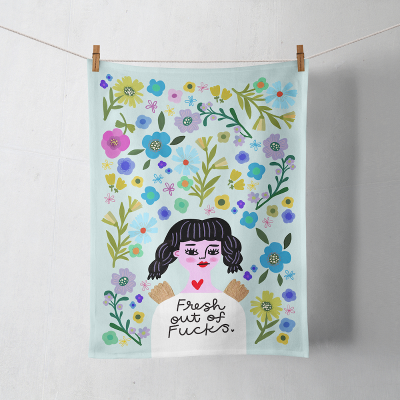 Fresh Out of Fucks Grumpy Angel Tea Towel