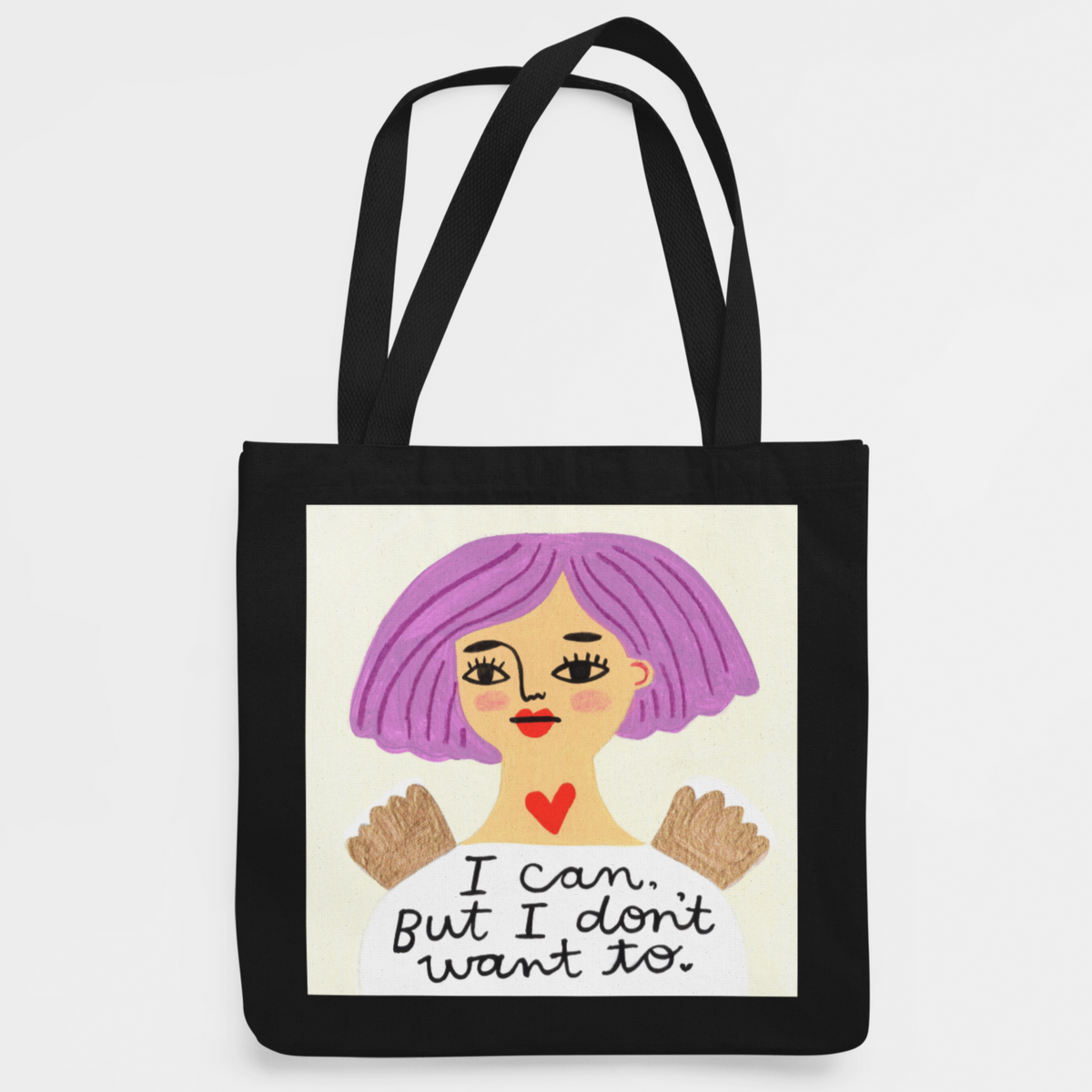 Black tote bag with Grumpy Angel design &quot;I can but I don&#39;t want to&quot;