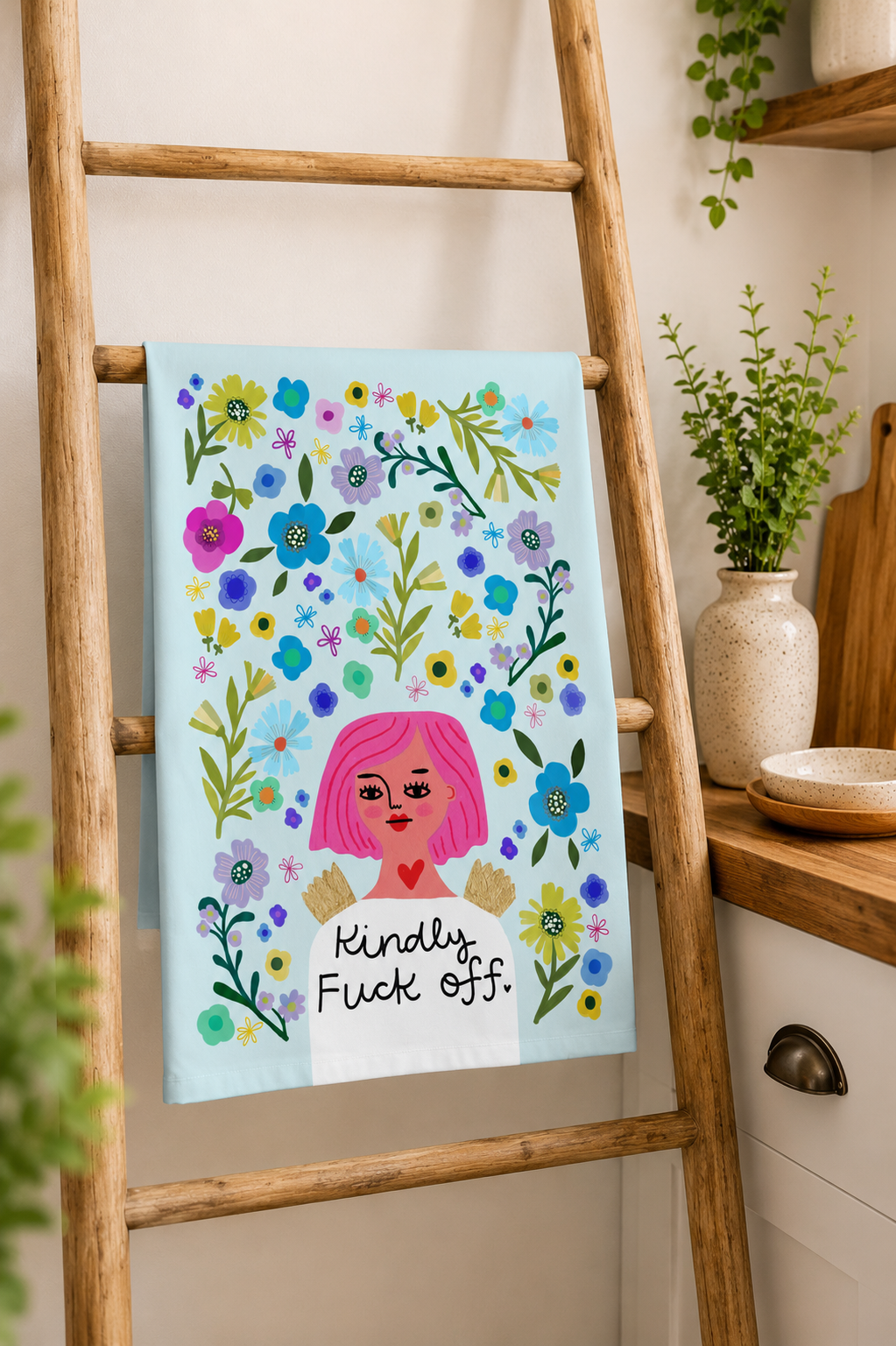 Kindly Fuck Off Grumpy Angel Tea Towel