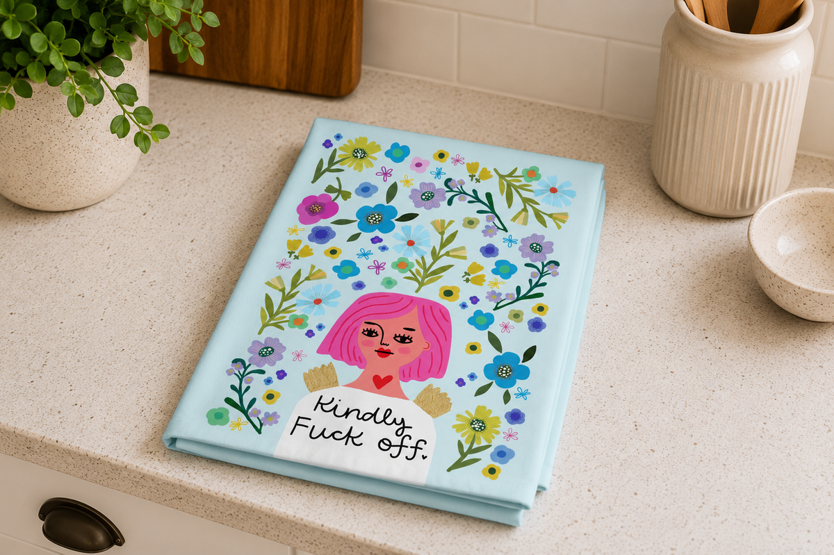 Kindly Fuck Off Grumpy Angel Tea Towel