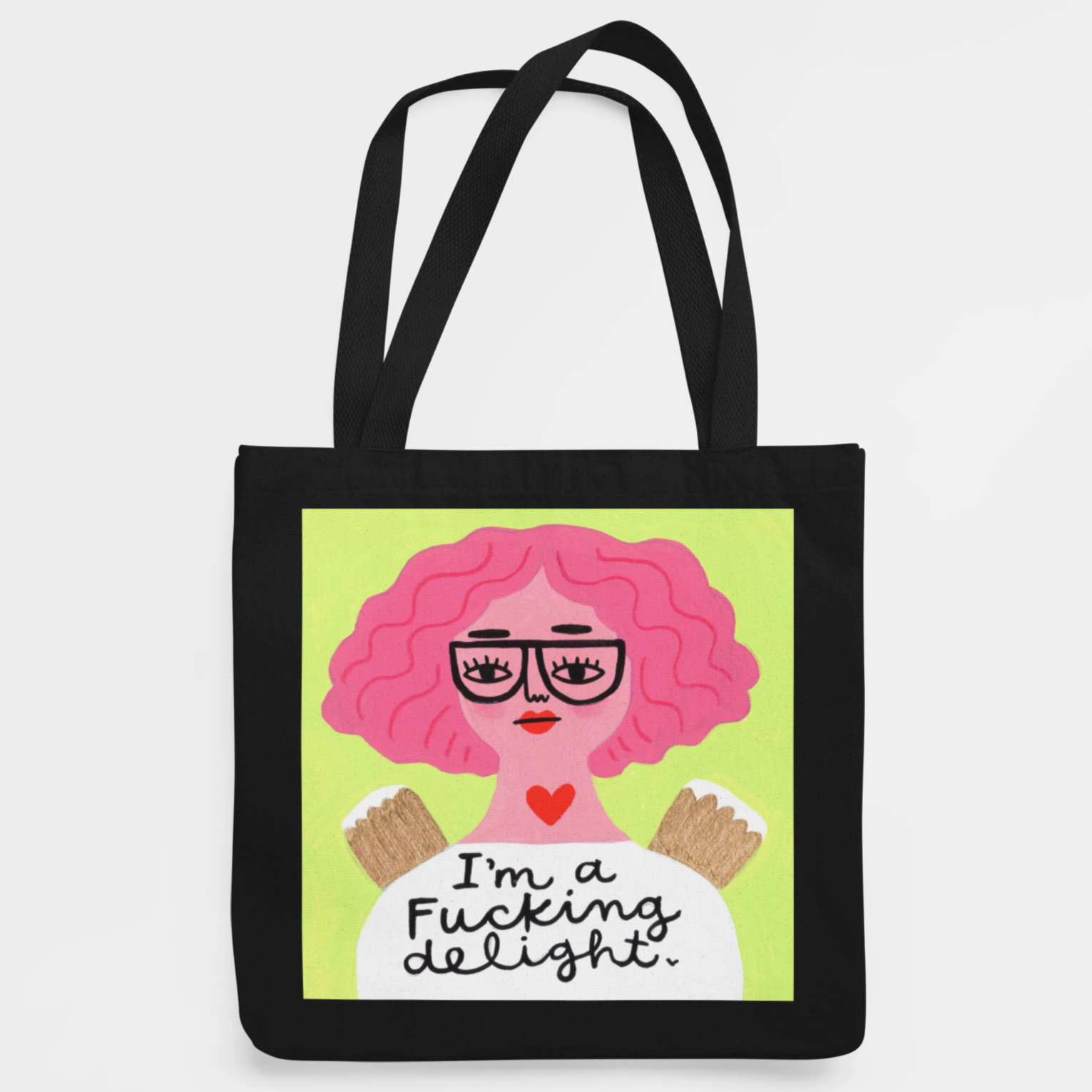 Black tote bag with Grumpy Angel Art "I'm a Fucking Delight"