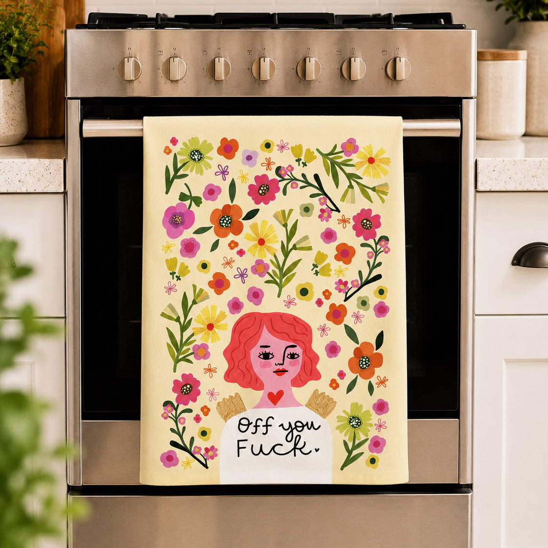 Off You Fuck Grumpy Angel Tea Towel