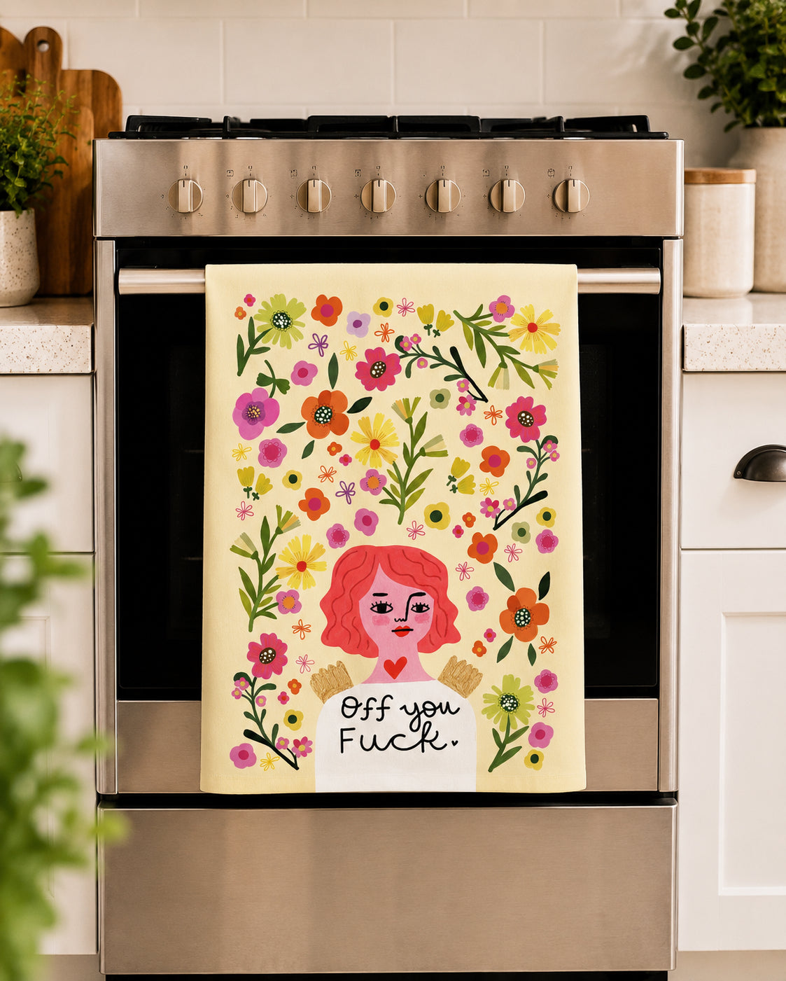 Off You Fuck Grumpy Angel Tea Towel