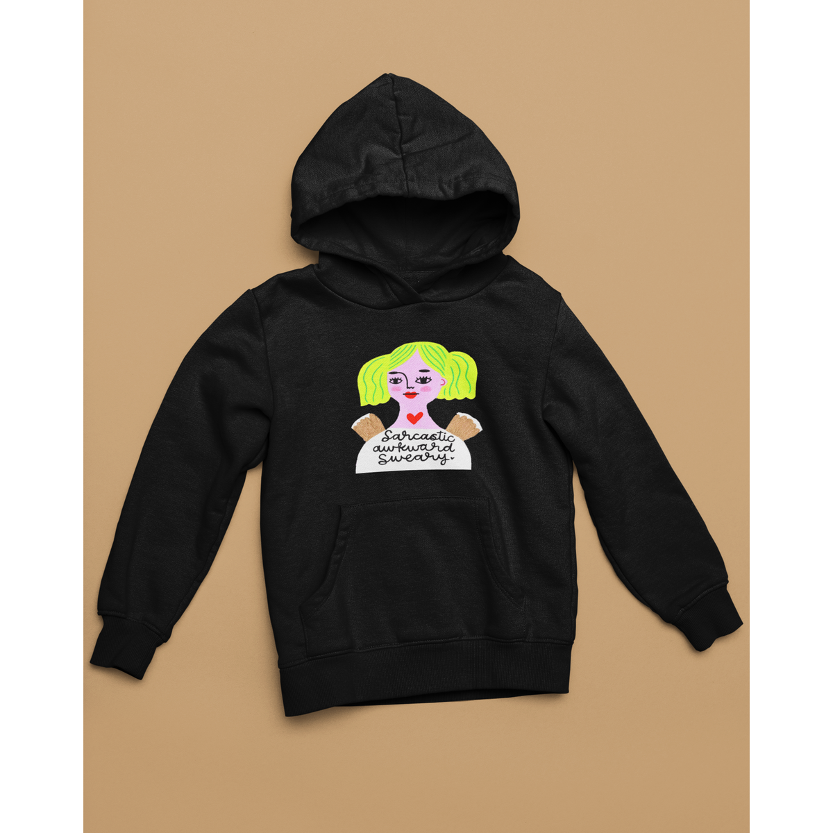 Black Hoodie with Grumpy Angel Design &quot;Sarcastic Awkward Sweary&quot;