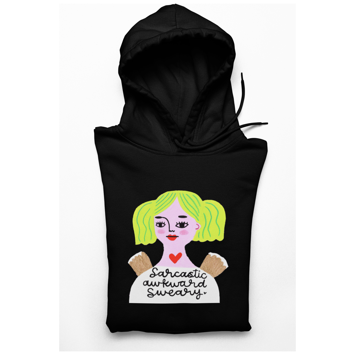 Black Hoodie with Grumpy Angel Design &quot;Sarcastic Awkward Sweary&quot;