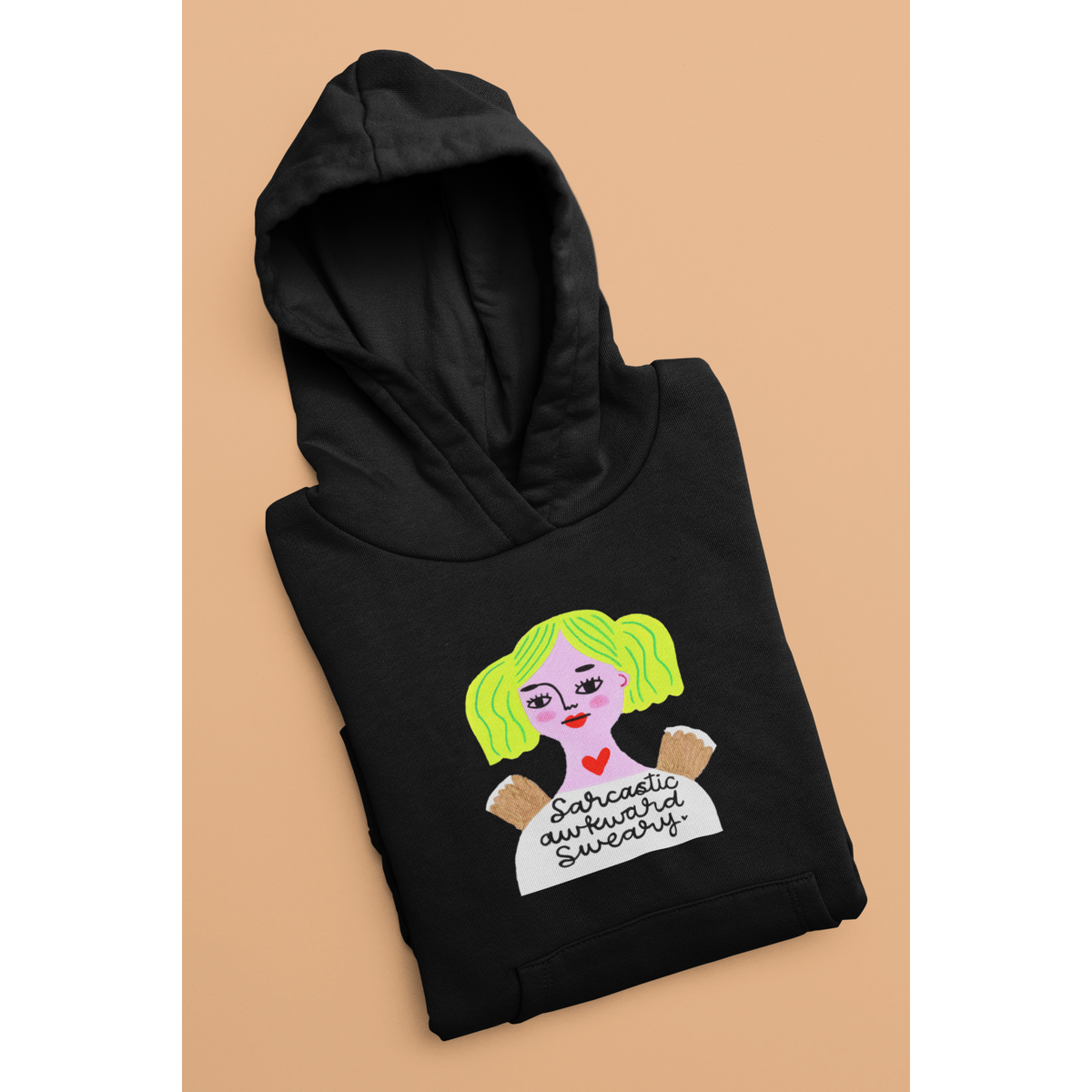 Black Hoodie with Grumpy Angel Design &quot;Sarcastic Awkward Sweary&quot;