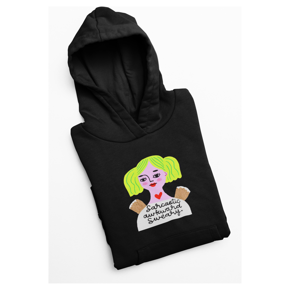 Black Hoodie with Grumpy Angel Design &quot;Sarcastic Awkward Sweary&quot;