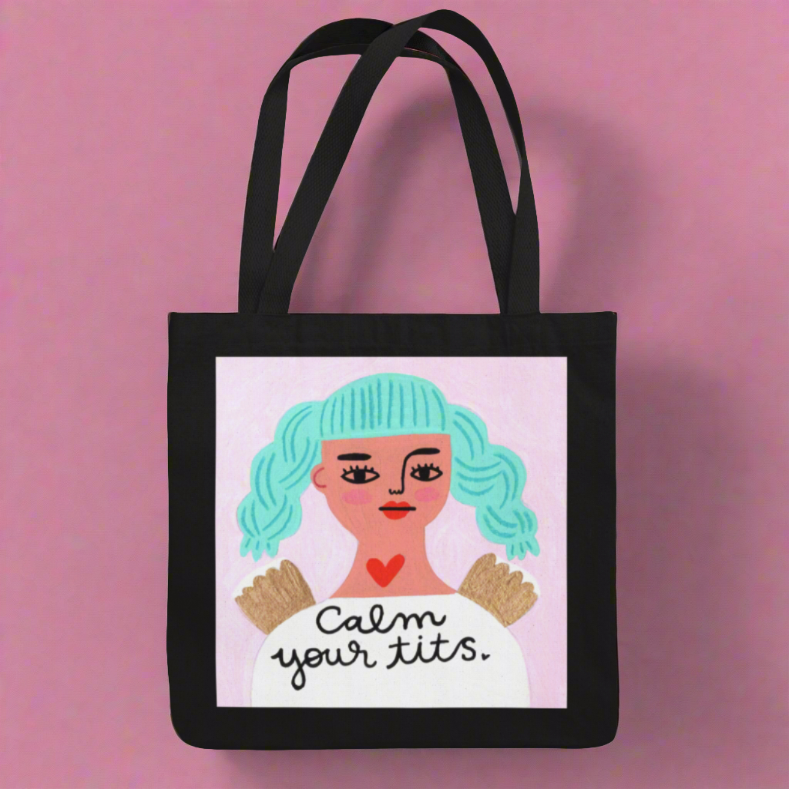 Black Tote Bag with Angel Design and "Calm Your Tits" Phrase