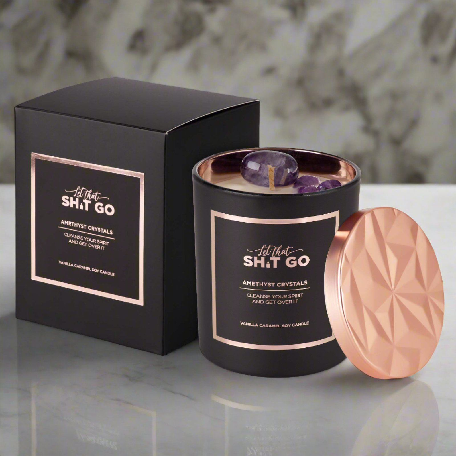 Candle with Amethyst Crystals "Let that Shit Go"